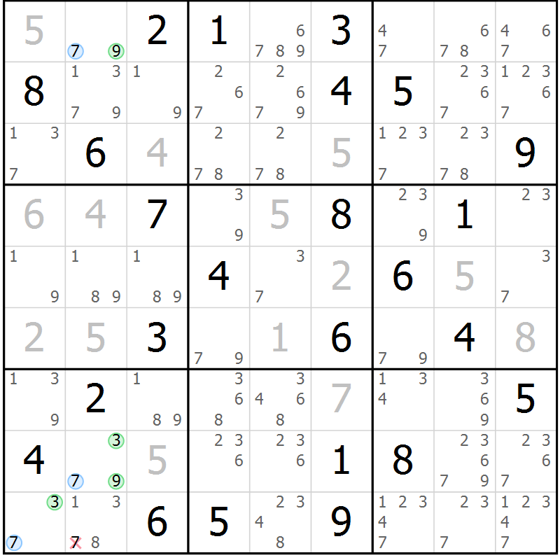 Position des candidats pour la solution de la Gr 79 page 82 du magazine de sudoku Sudoku Suprême n° 041