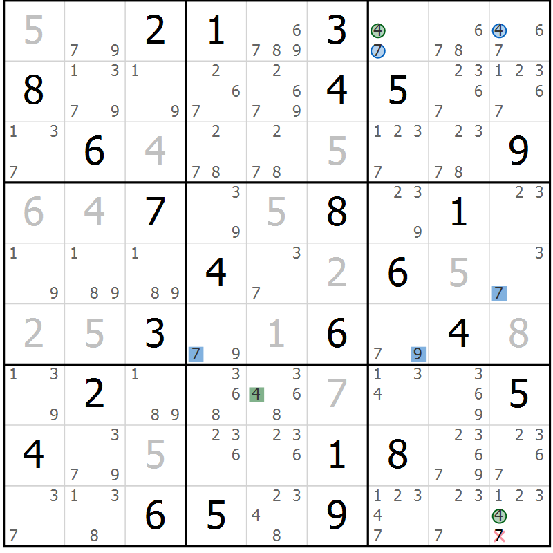 Position des candidats pour la solution de la Gr 79 page 82 du magazine de sudoku Sudoku Suprême n° 041