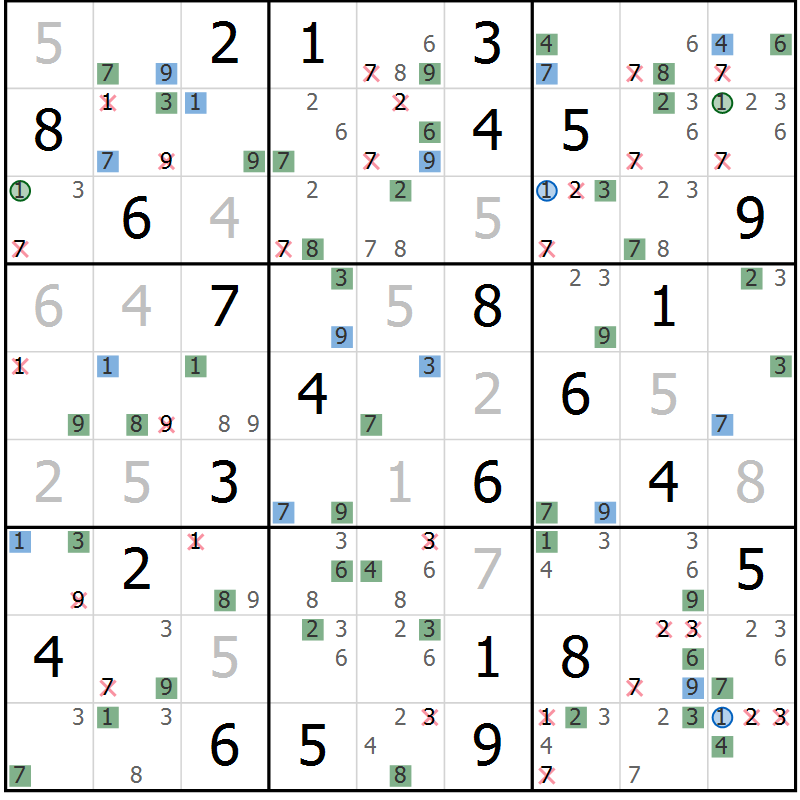 Position des candidats pour la solution de la Gr 79 page 82 du magazine de sudoku Sudoku Suprême n° 041