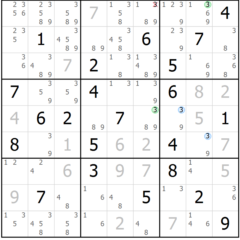 Position des candidats pour la solution de la Gr 8 page 11 du magazine de sudoku Sudoku Suprême n° 041