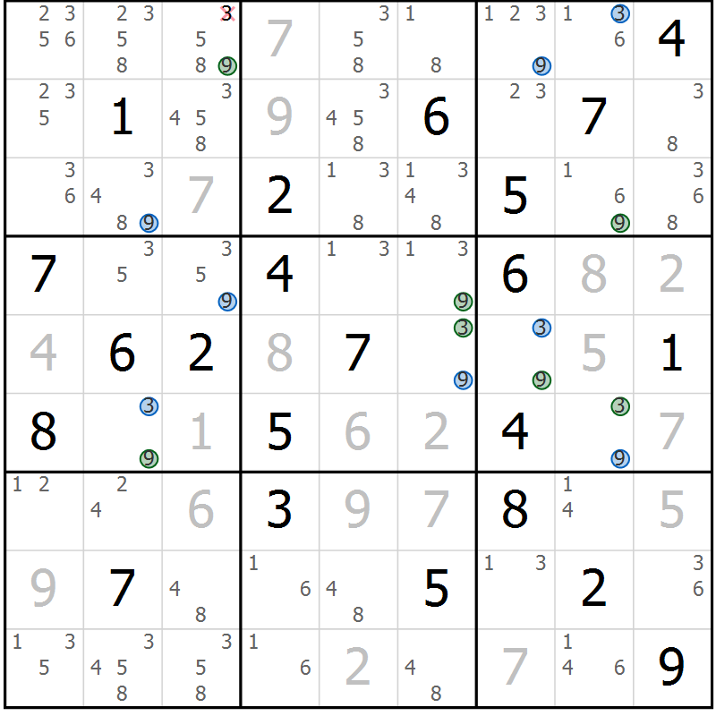 Position des candidats pour la solution de la Gr 8 page 11 du magazine de sudoku Sudoku Suprême n° 041