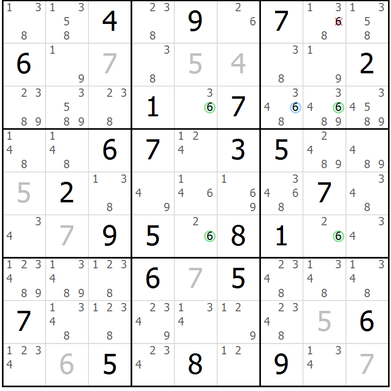 Position des candidats pour la solution de la Gr 81 page 84 du magazine de sudoku Sudoku Suprême n° 041