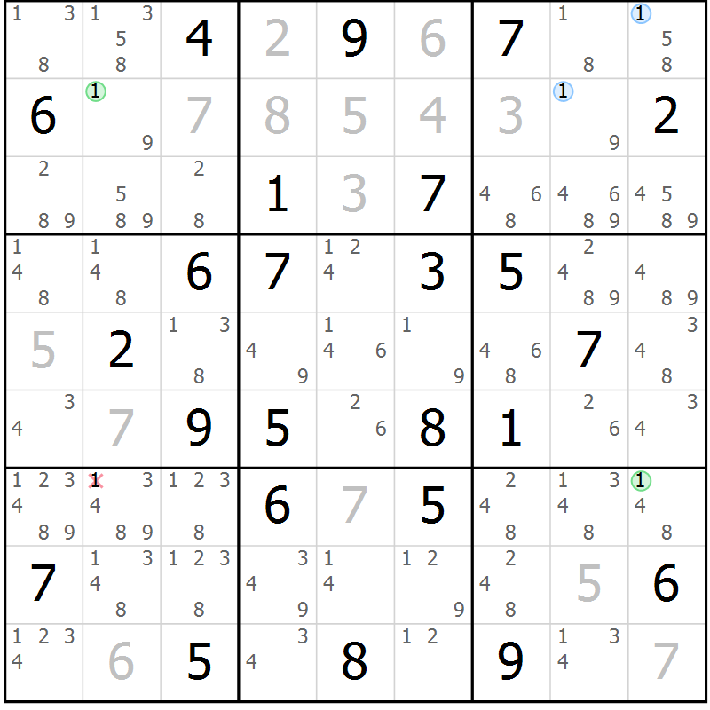 Position des candidats pour la solution de la Gr 81 page 84 du magazine de sudoku Sudoku Suprême n° 041