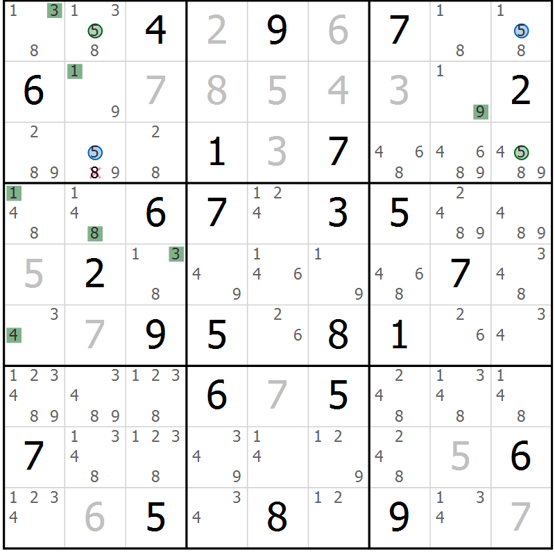 Position des candidats pour la solution de la Gr 81 page 84 du magazine de sudoku Sudoku Suprême n° 041