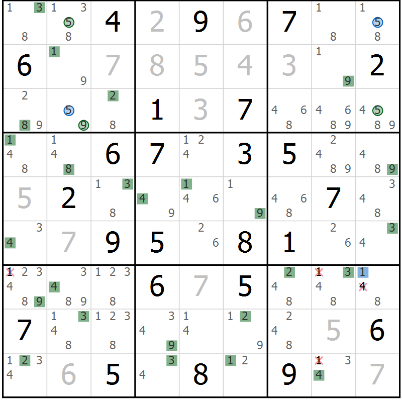 Position des candidats pour la solution de la Gr 81 page 84 du magazine de sudoku Sudoku Suprême n° 041