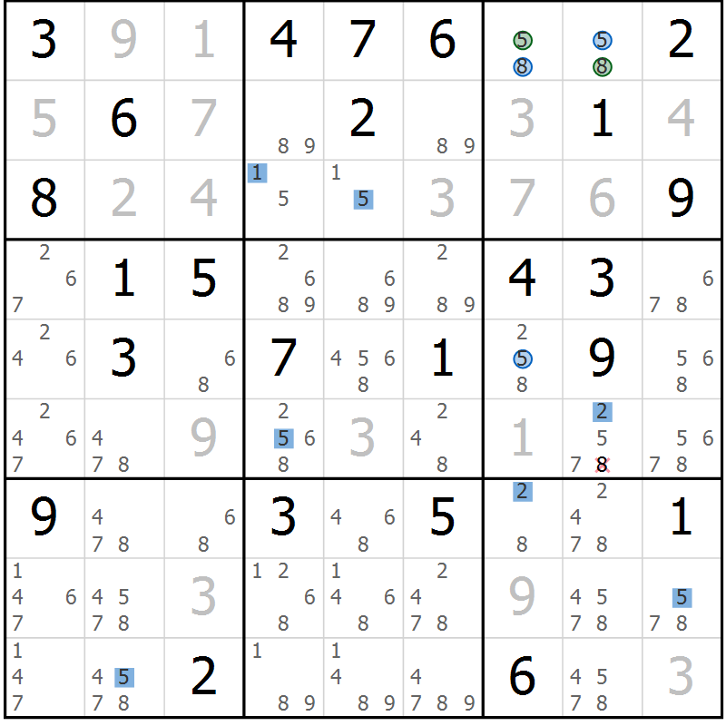 Position des candidats pour la solution de la Gr 82 page 85 du magazine de sudoku Sudoku Suprême n° 041