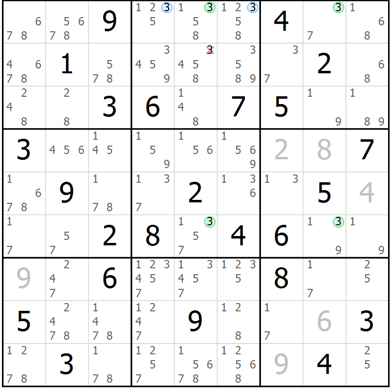 Position des candidats pour la solution de la Gr 84 page 87 du magazine de sudoku Sudoku Suprême n° 041