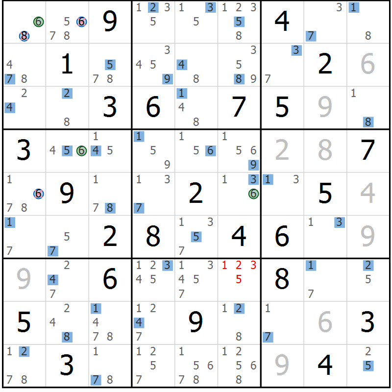 Position des candidats pour la solution de la Gr 84 page 87 du magazine de sudoku Sudoku Suprême n° 041