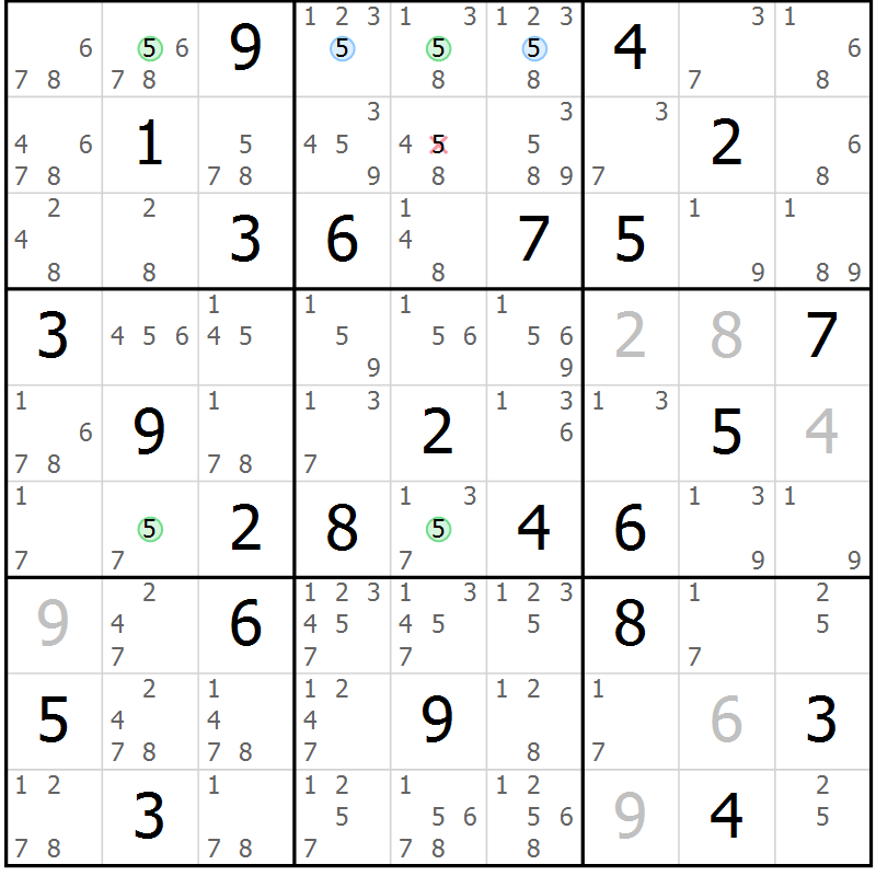 Position des candidats pour la solution de la Gr 84 page 87 du magazine de sudoku Sudoku Suprême n° 041
