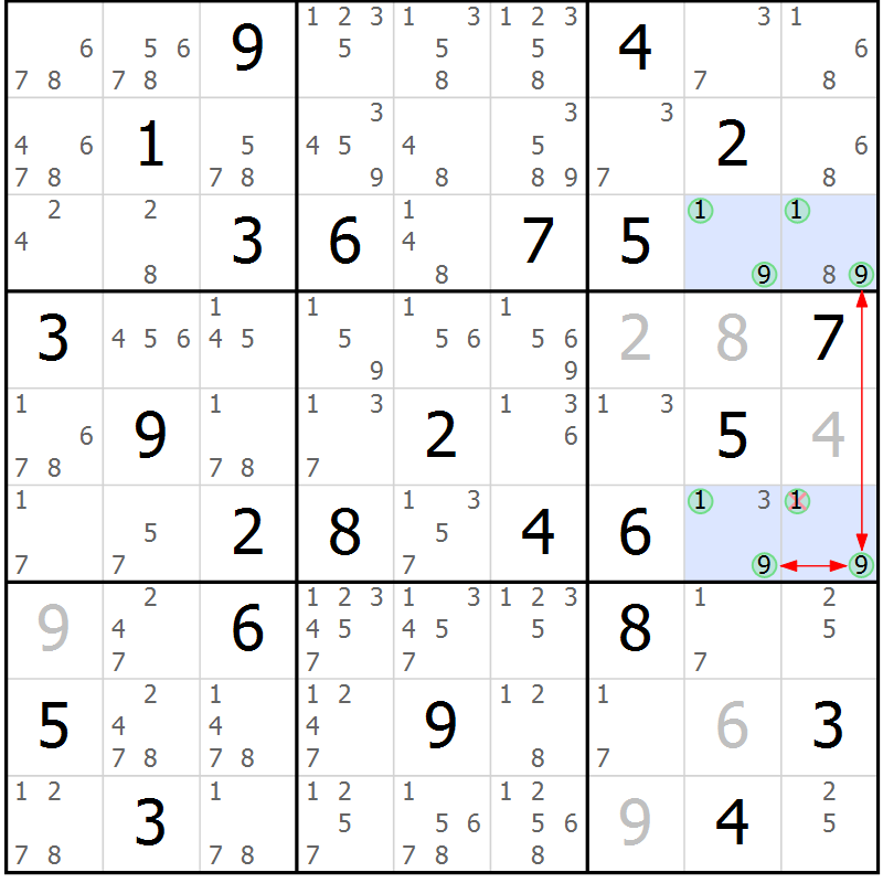 Position des candidats pour la solution de la Gr 84 page 87 du magazine de sudoku Sudoku Suprême n° 041