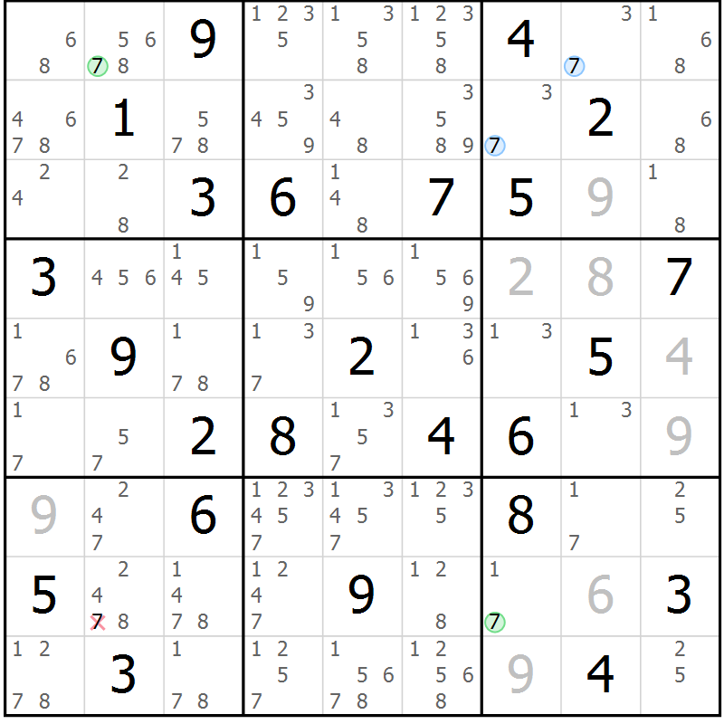 Position des candidats pour la solution de la Gr 84 page 87 du magazine de sudoku Sudoku Suprême n° 041