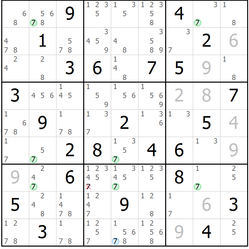 Position des candidats pour la solution de la Gr 84 page 87 du magazine de sudoku Sudoku Suprême n° 041