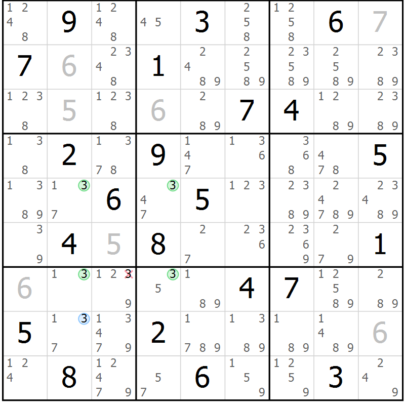 Position des candidats pour la solution de la Gr 9 page 12 du magazine de sudoku Sudoku Suprême n° 041