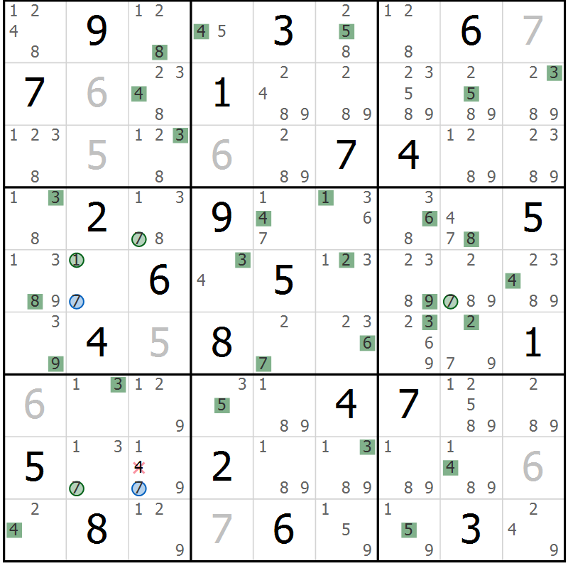 Position des candidats pour la solution de la Gr 9 page 12 du magazine de sudoku Sudoku Suprême n° 041