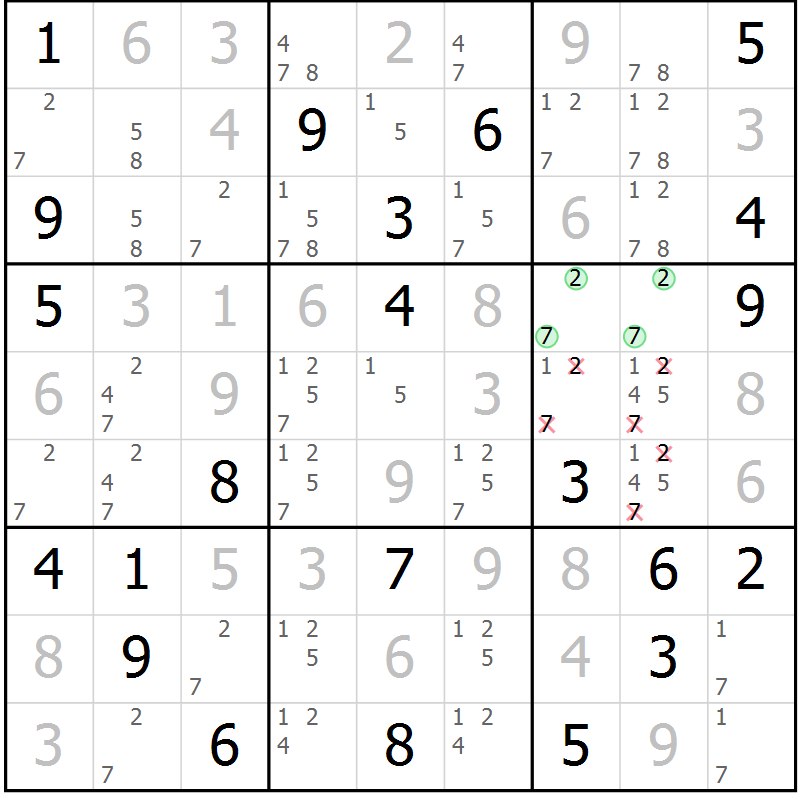 Position des candidats pour la solution de la Gr 14 page 17 du magazine de sudoku Extrême n° 042