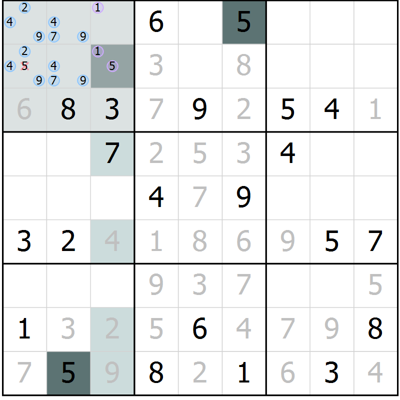 Position des candidats pour la solution de la Gr 17 page 20 du magazine de sudoku Extrême n° 042