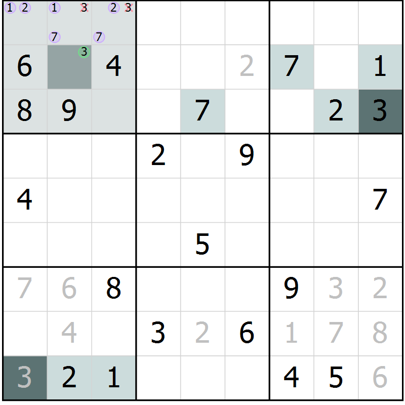 Position des candidats pour la solution de la Gr 18 page 21 du magazine de sudoku Extrême n° 042
