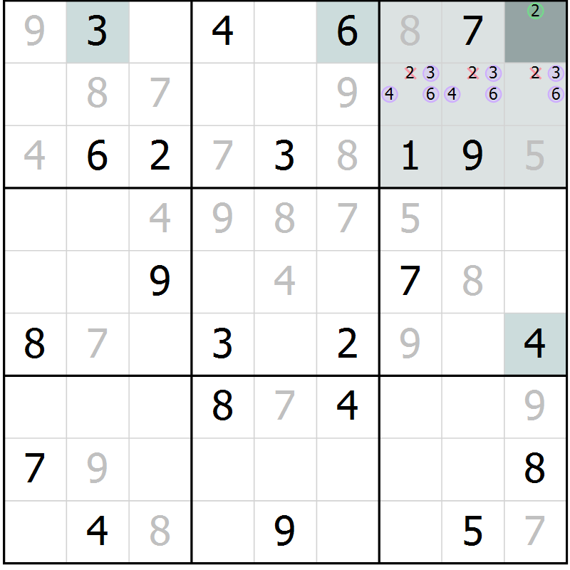Position des candidats pour la solution de la Gr 2 page 5 du magazine de sudoku Extrême n° 042