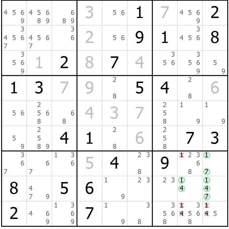 Position des candidats pour la solution de la Gr 24 page 27 du magazine de sudoku Extrême n° 042