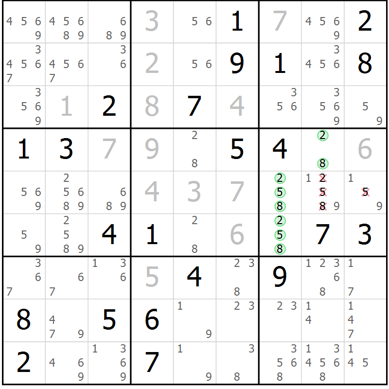 Position des candidats pour la solution de la Gr 24 page 27 du magazine de sudoku Extrême n° 042