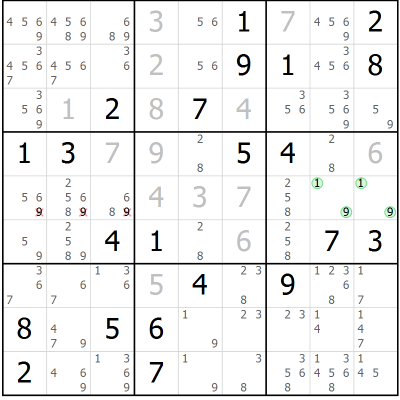 Position des candidats pour la solution de la Gr 24 page 27 du magazine de sudoku Extrême n° 042