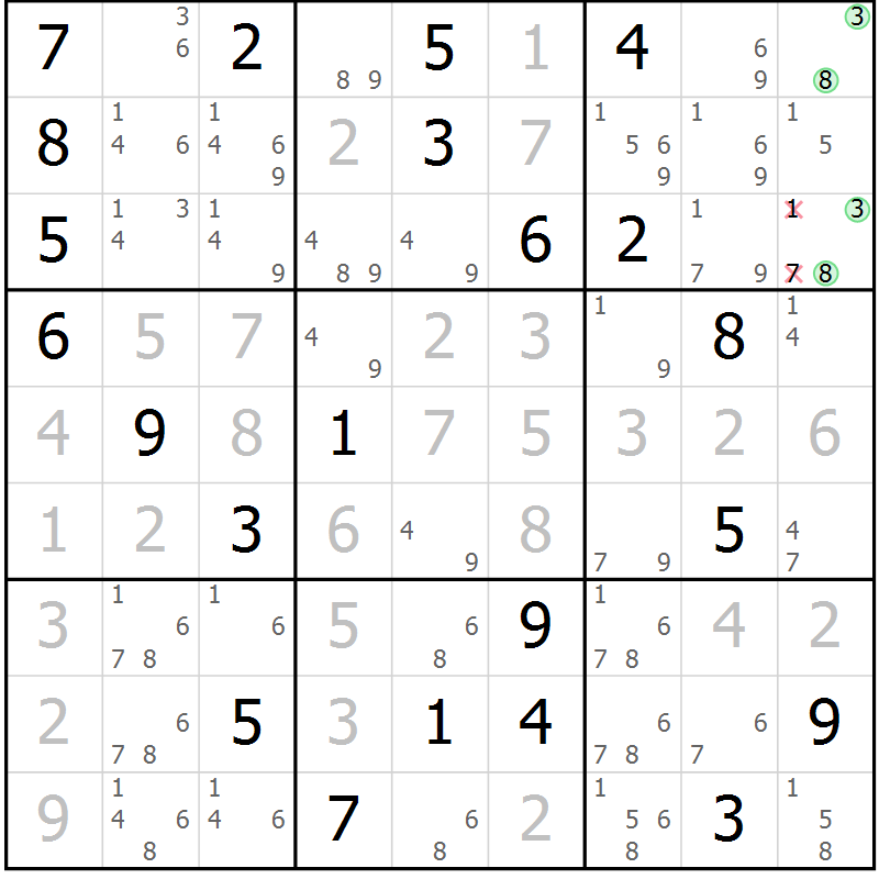Position des candidats pour la solution de la Gr 25 page 28 du magazine de sudoku Extrême n° 042
