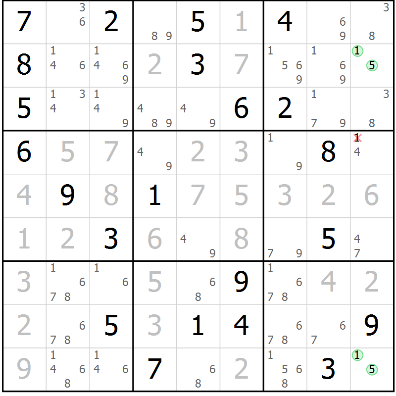 Position des candidats pour la solution de la Gr 25 page 28 du magazine de sudoku Extrême n° 042