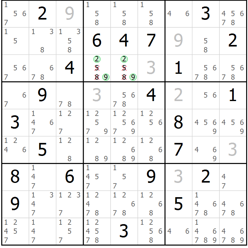 Position des candidats pour la solution de la Gr 29 page 32 du magazine de sudoku Extrême n° 042