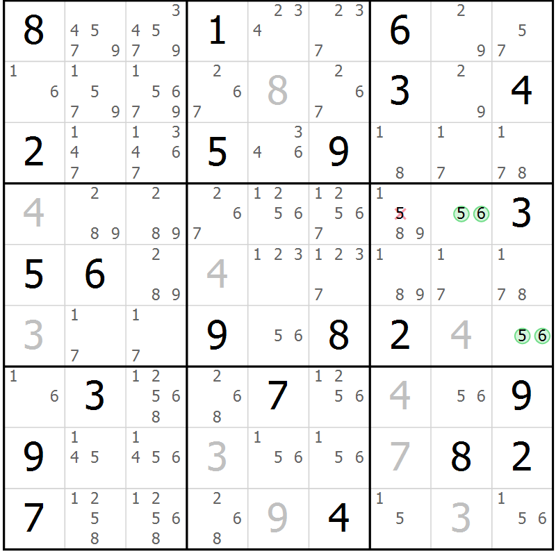 Position des candidats pour la solution de la Gr 30 page 33 du magazine de sudoku Extrême n° 042