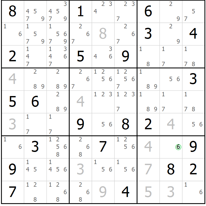Position des candidats pour la solution de la Gr 30 page 33 du magazine de sudoku Extrême n° 042