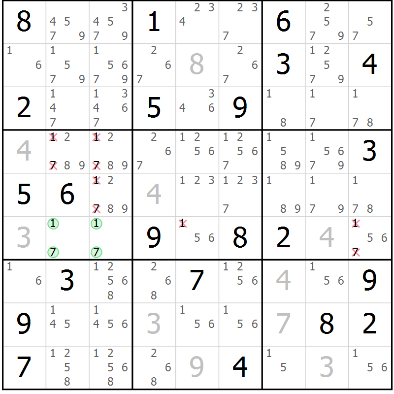 Position des candidats pour la solution de la Gr 30 page 33 du magazine de sudoku Extrême n° 042