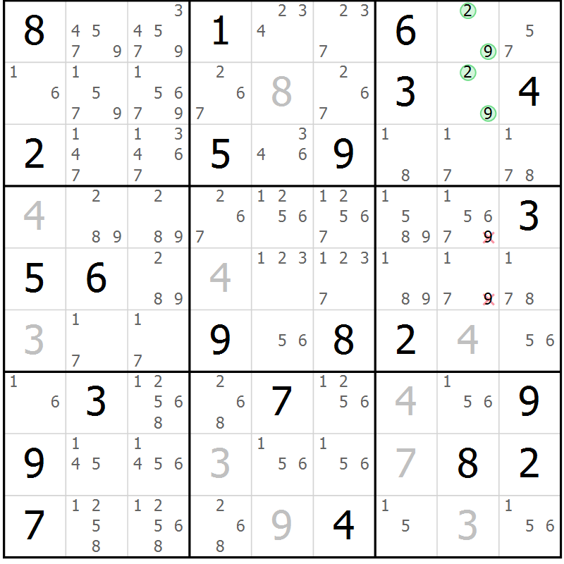 Position des candidats pour la solution de la Gr 30 page 33 du magazine de sudoku Extrême n° 042