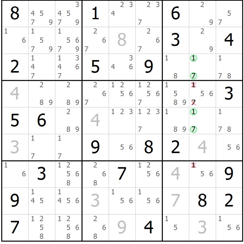 Position des candidats pour la solution de la Gr 30 page 33 du magazine de sudoku Extrême n° 042