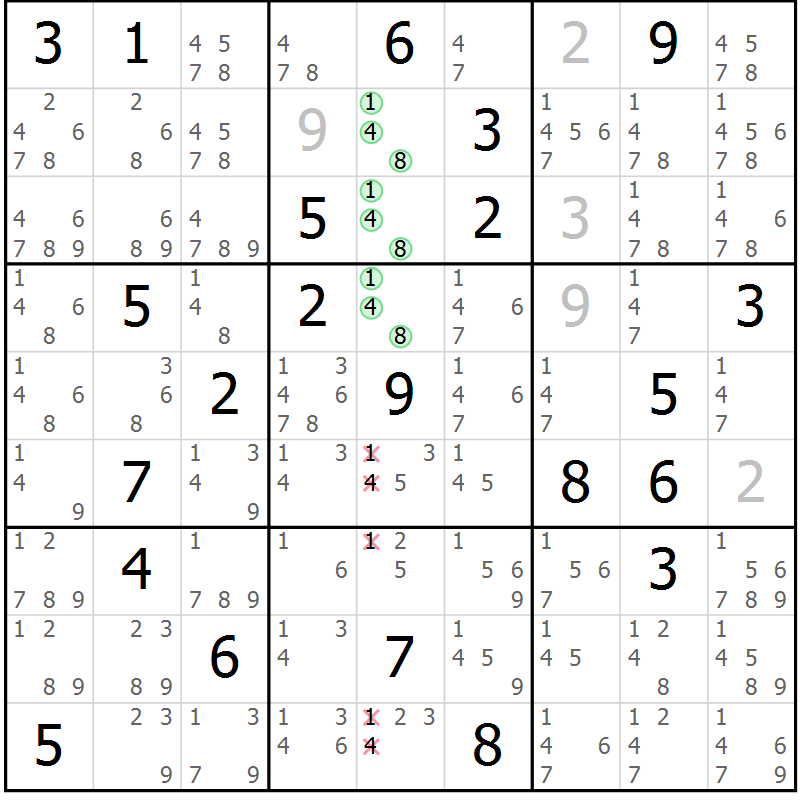 Position des candidats pour la solution de la Gr 31 page 34 du magazine de sudoku Extrême n° 042