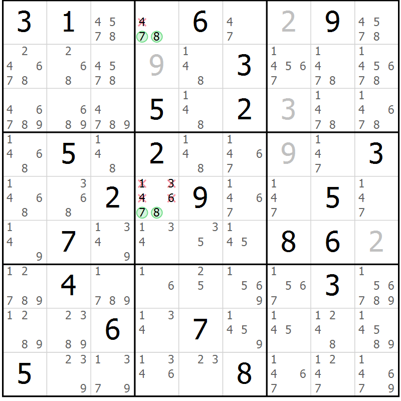 Position des candidats pour la solution de la Gr 31 page 34 du magazine de sudoku Extrême n° 042