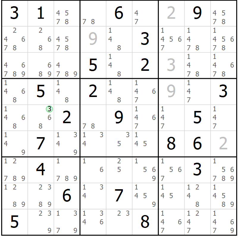 Position des candidats pour la solution de la Gr 31 page 34 du magazine de sudoku Extrême n° 042