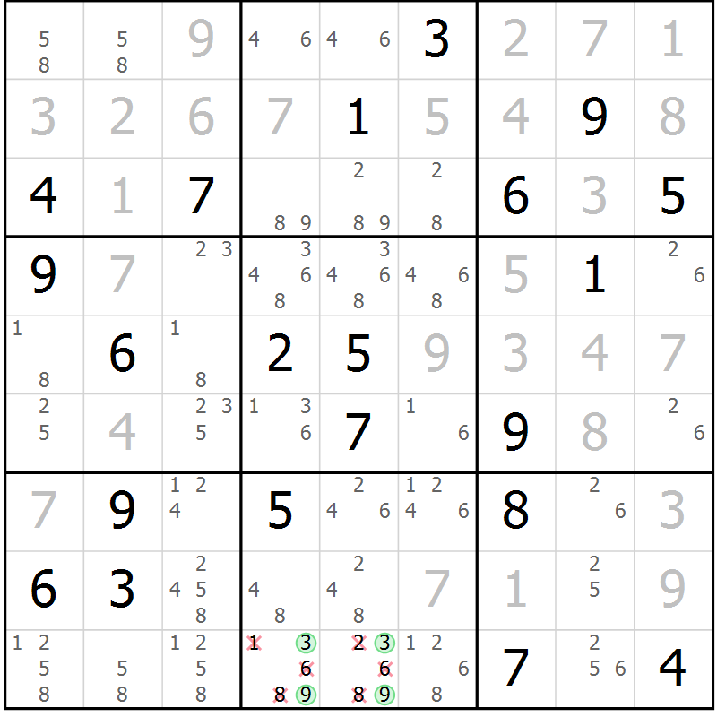Position des candidats pour la solution de la Gr 33 page 36 du magazine de sudoku Extrême n° 042