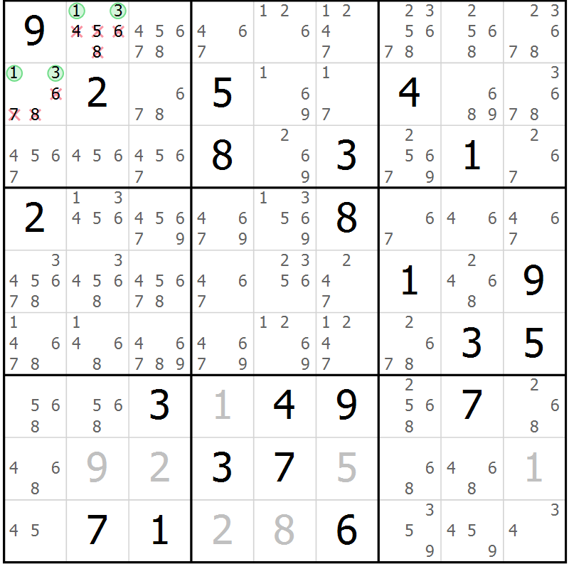 Position des candidats pour la solution de la Gr 34 page 37 du magazine de sudoku Extrême n° 042