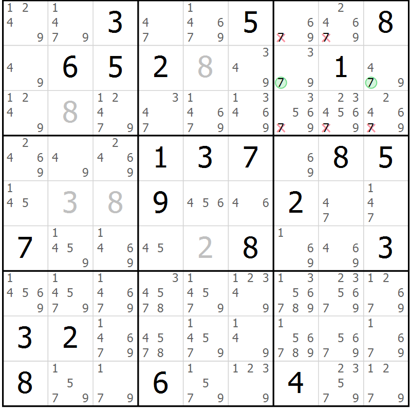 Position des candidats pour la solution de la Gr 40 page 43 du magazine de sudoku Extrême n° 042