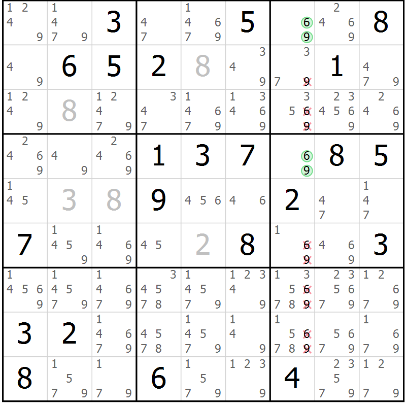 Position des candidats pour la solution de la Gr 40 page 43 du magazine de sudoku Extrême n° 042