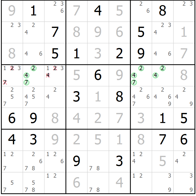Position des candidats pour la solution de la Gr 42 page 45 du magazine de sudoku Extrême n° 042