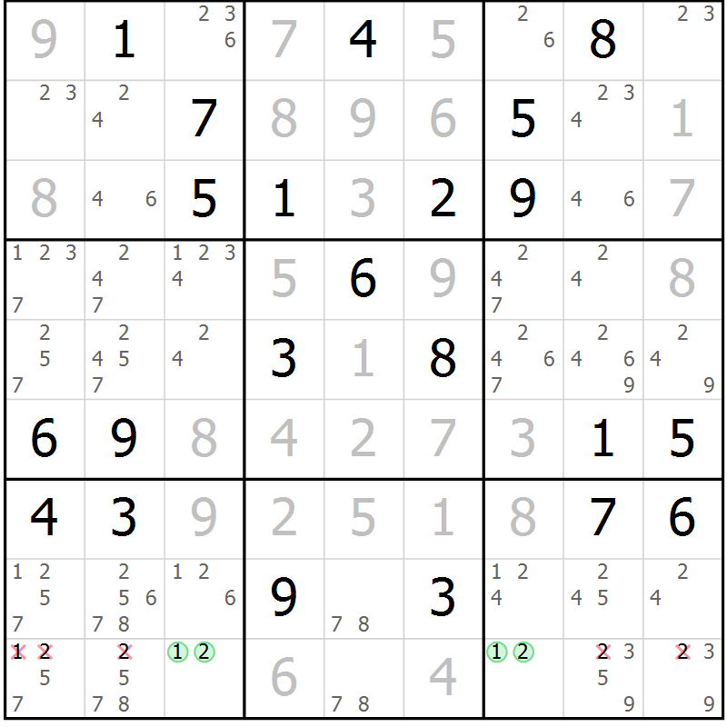 Position des candidats pour la solution de la Gr 42 page 45 du magazine de sudoku Extrême n° 042