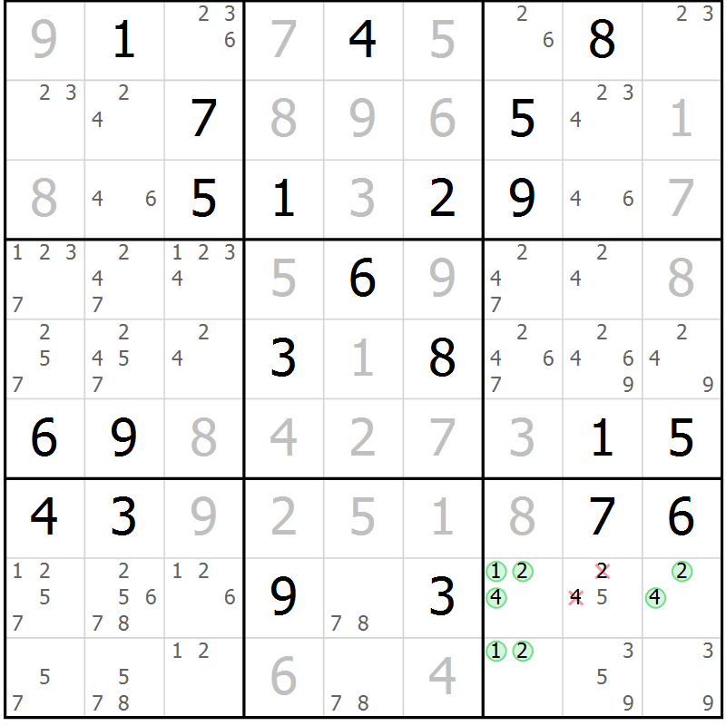 Position des candidats pour la solution de la Gr 42 page 45 du magazine de sudoku Extrême n° 042
