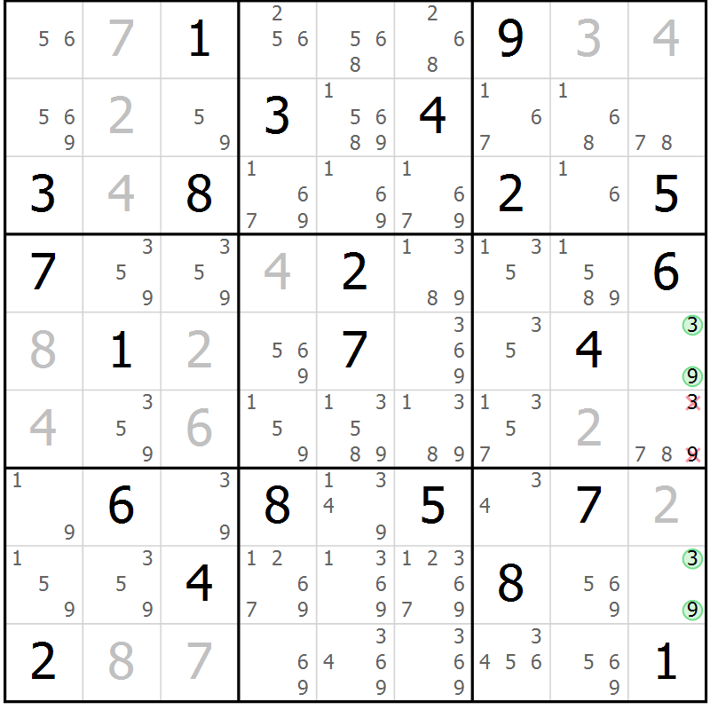 Position des candidats pour la solution de la Gr 43 page 46 du magazine de sudoku Extrême n° 042