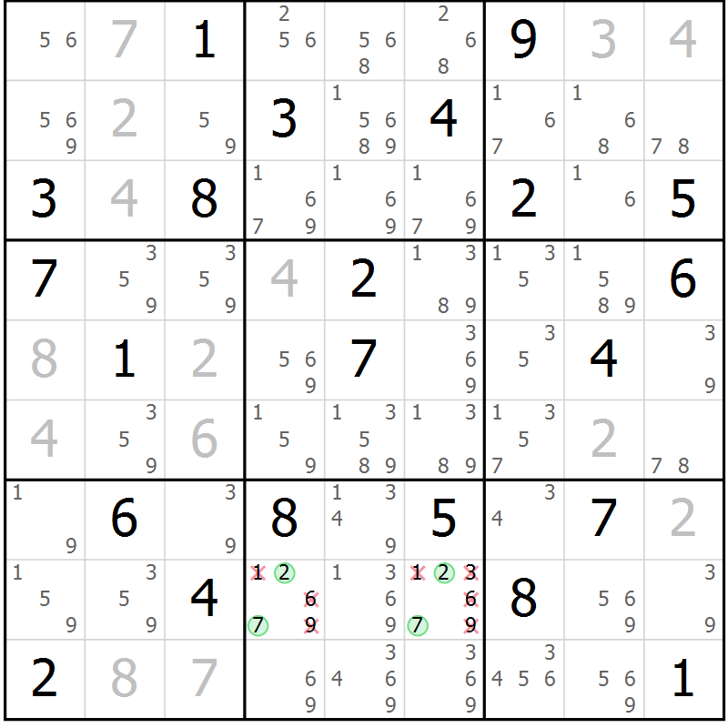 Position des candidats pour la solution de la Gr 43 page 46 du magazine de sudoku Extrême n° 042