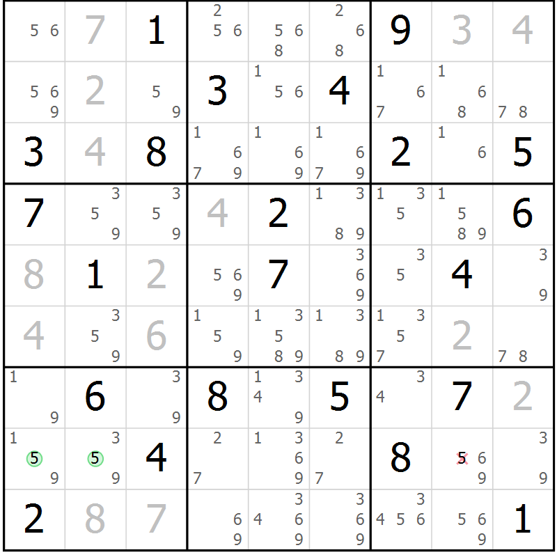 Position des candidats pour la solution de la Gr 43 page 46 du magazine de sudoku Extrême n° 042