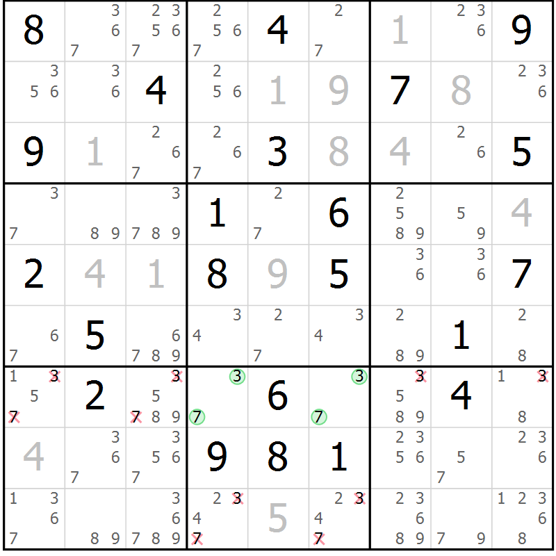 Position des candidats pour la solution de la Gr 44 page 47 du magazine de sudoku Extrême n° 042