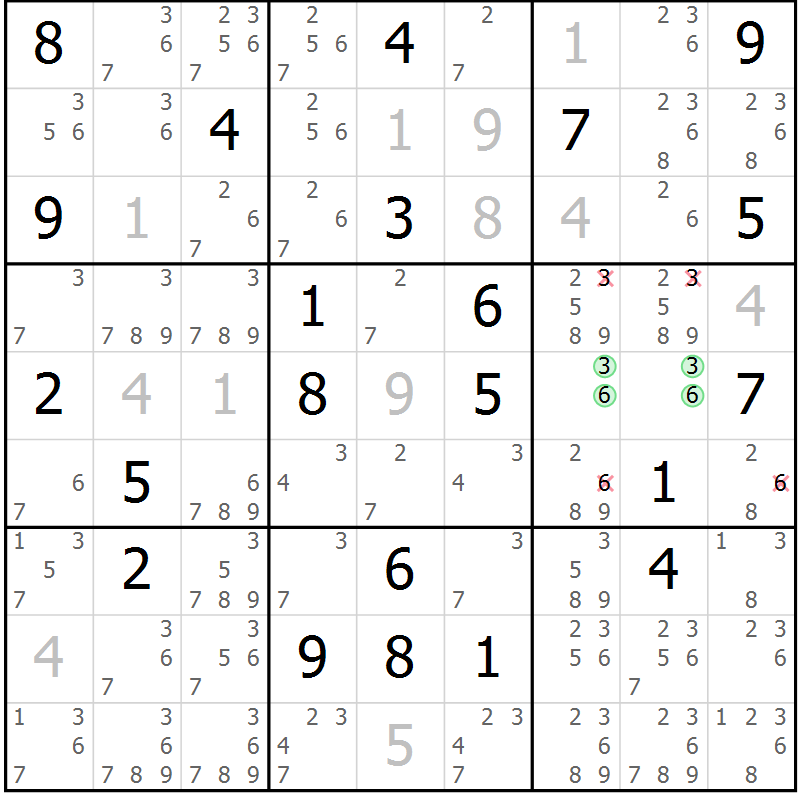 Position des candidats pour la solution de la Gr 44 page 47 du magazine de sudoku Extrême n° 042