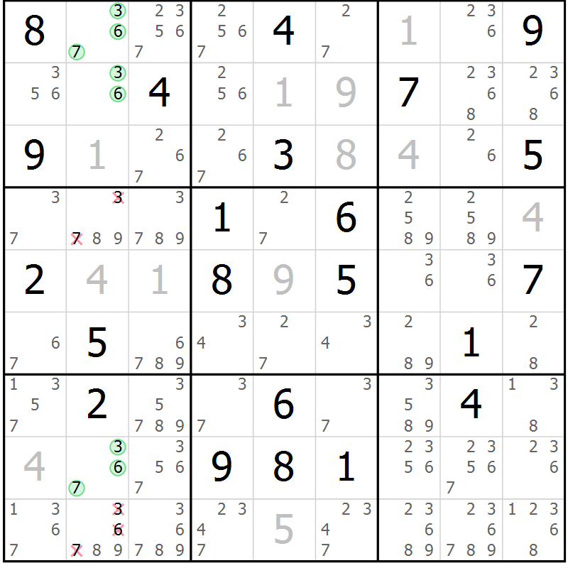 Position des candidats pour la solution de la Gr 44 page 47 du magazine de sudoku Extrême n° 042