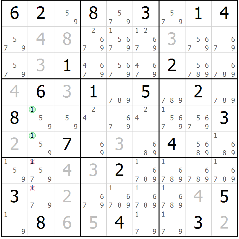 Position des candidats pour la solution de la Gr 45 page 48 du magazine de sudoku Extrême n° 042
